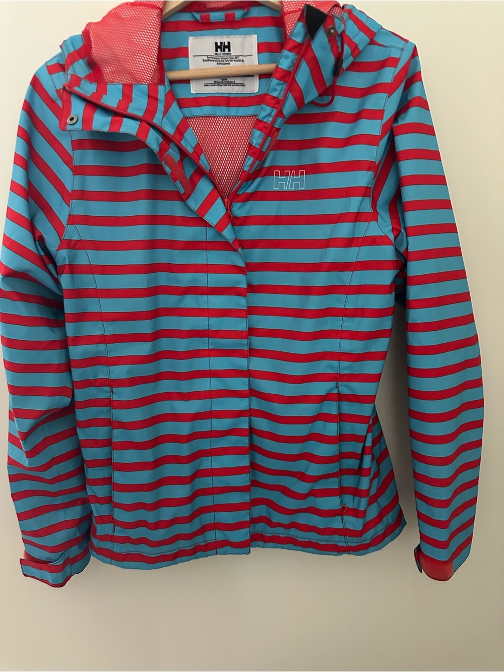 Helly Hansen Women”s Teal & Red Striped Waterproof Jacket